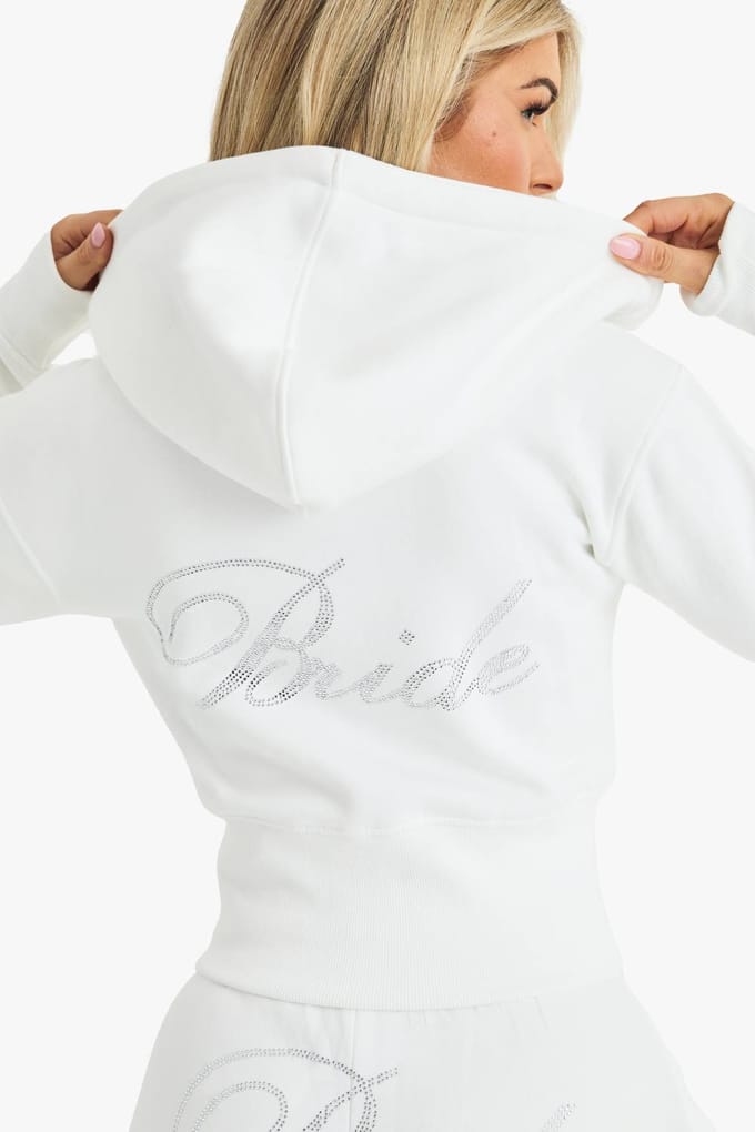 boohoo Dames Bruids 'Bride' Diamante Slogan Cropped Hoodie | Wit | Maat: Small