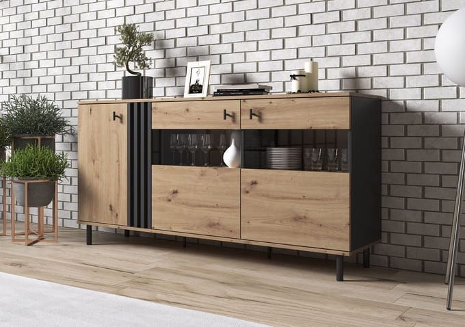Meubella - Dressoir Marcos - Eiken - Antraciet - 165 cm - met glas