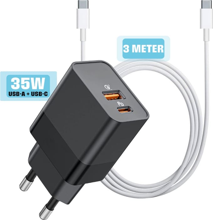 Usb C & usb A Oplader 35w + Rubberen usb C naar usb C Kabel 3 Meter - Snellader - Usb-C Adapter - GaN Charger