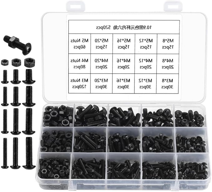 Complete Set van 520 Stuks Platte Schroeven met Moeren, M3/M4/M5 Carbon Staal, Schroefset voor Diverse Toepassingen