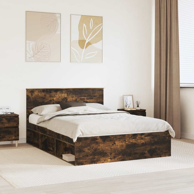 vidaXL - Bedframe - met - hoofdeinde - Rook - Eiken - 140 - x - 200 - cm - Bewerkt - hout