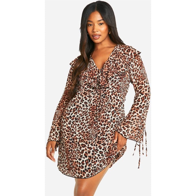boohoo Dames Plus Woven Leopard Ruffle Shift Jurk | Maat: 18