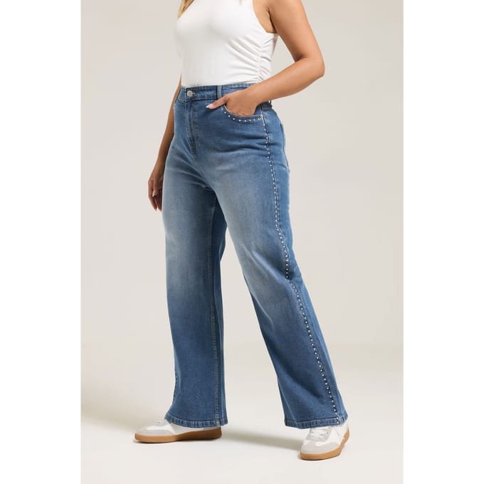 Yours Blauwe Studded Wijde Pijpen Jeans Size 42