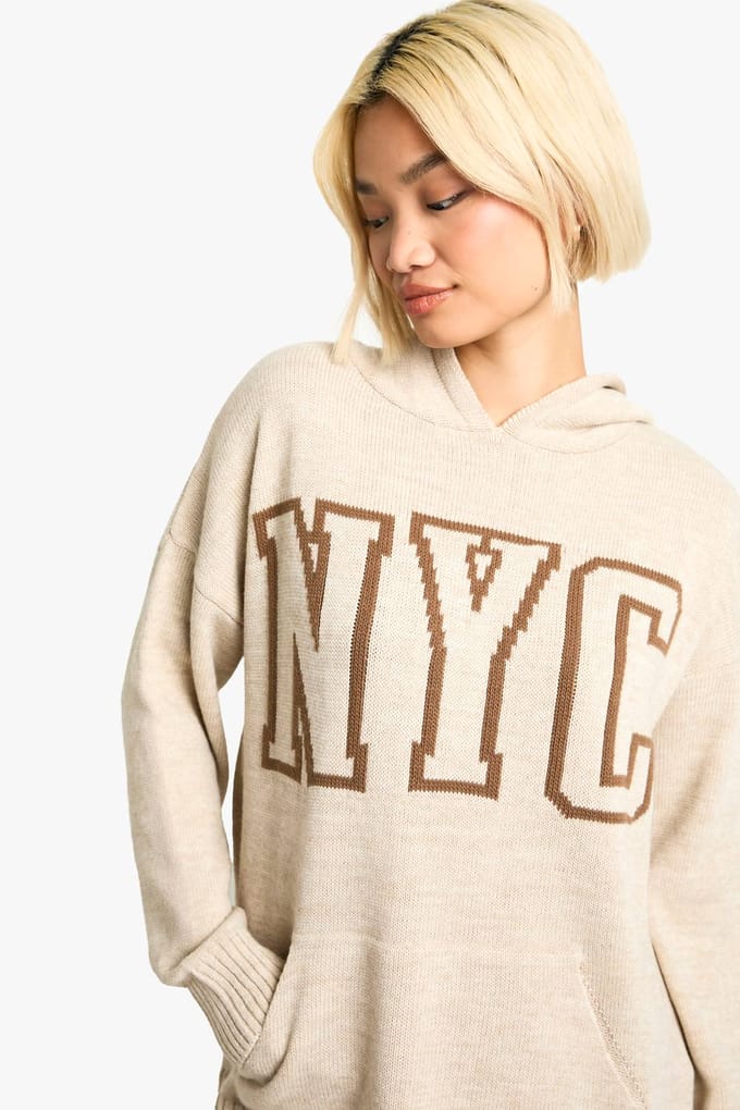 boohoo Dames NYC Gebreide Hoodie met capuchon | Stone | Maat: Small