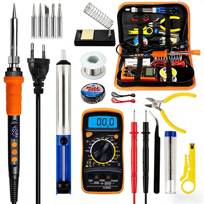 90W Digitale Soldeerbout Set met Multimeter en Desoldeerpomp – Instelbare Temperatuur 180-480°C – LED Display – 5 Vervangbare Soldeerpunten