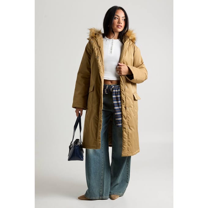 boohoo Dames Bontgevoerde parka met capuchon | Camel | Maat: 8