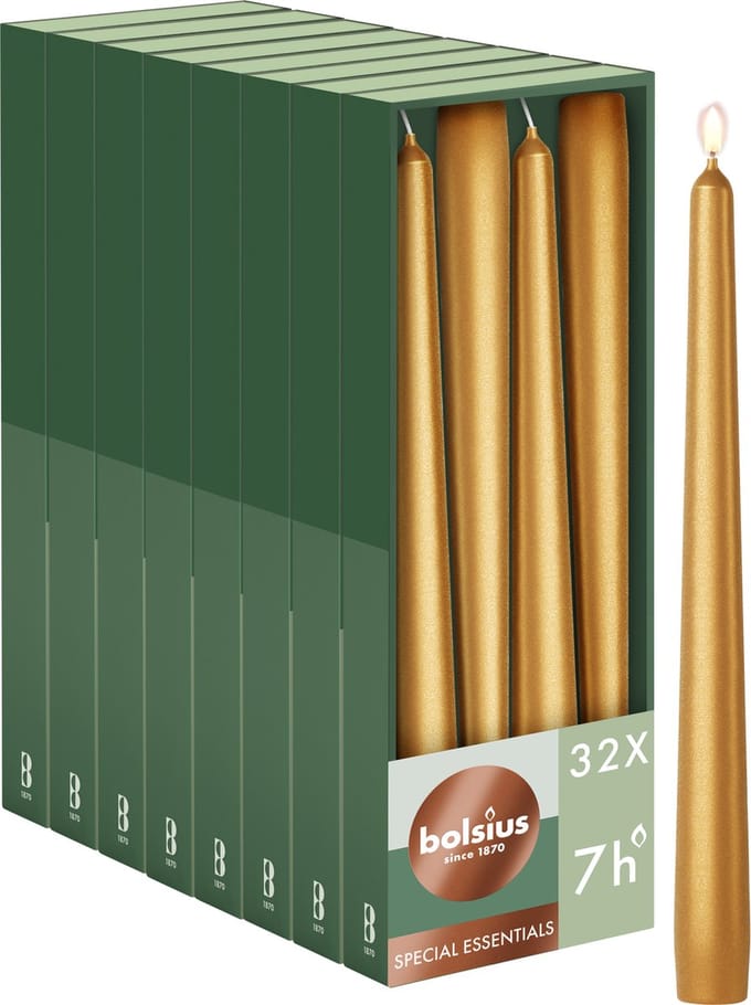 Bolsius - Gladde Dinerkaarsen Goud - 24,5 cm - 32 stuks - Metallic