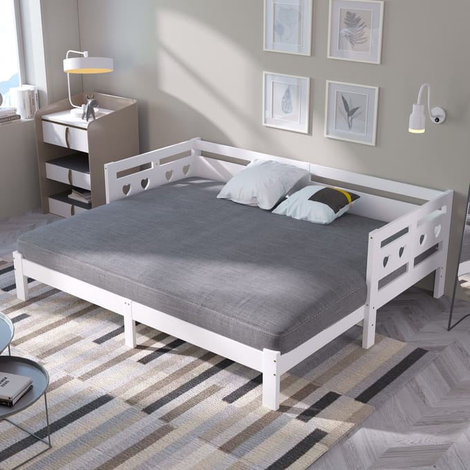 Sweiko Slaapbank, Uitschuifbaar Bed, 90*200cm, massief dennenhout, grille hartvormig bed, Wit