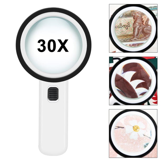 Loupe à main 30X Lecture Bijoux Verre grossissant avec lumière LED