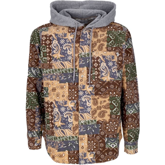 Damesshirt met lange mouwen en capuchon en patchworkkoord met capuchon, bruin
