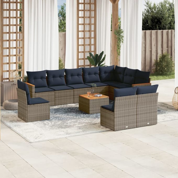 vidaXL - 11-delige - tuinbankset - met - kussens, - grijs - polyrotan