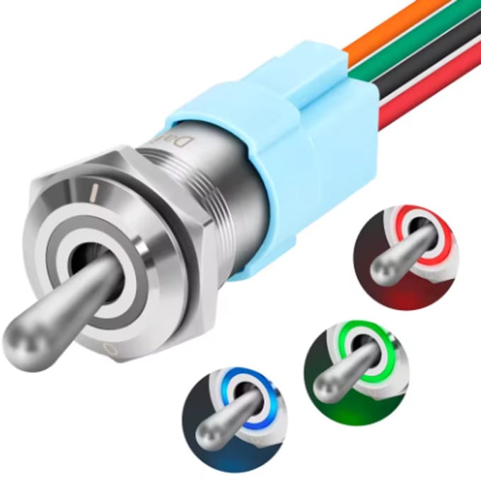 Tuimelschakelaar met verlichting - 16mm - RGB - ON/OFF - 12/24V - Met socket
