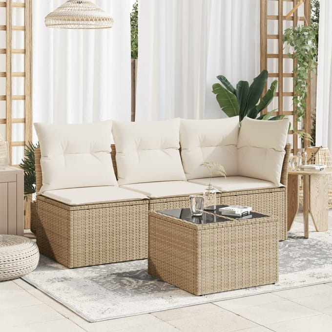 vidaXL - Tuintafel - met - glazen - blad - 55x55x37 - cm - poly - rattan - beige