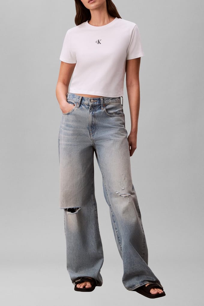 Calvin Klein Ss Logo Cropped Tee Bright White Größe: XL | Hemden Outlet | Damen | Weiß