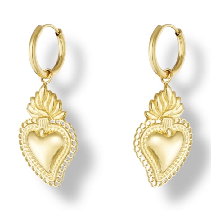 Flaming Heart oorbellen Goud - sacred heart oorringen