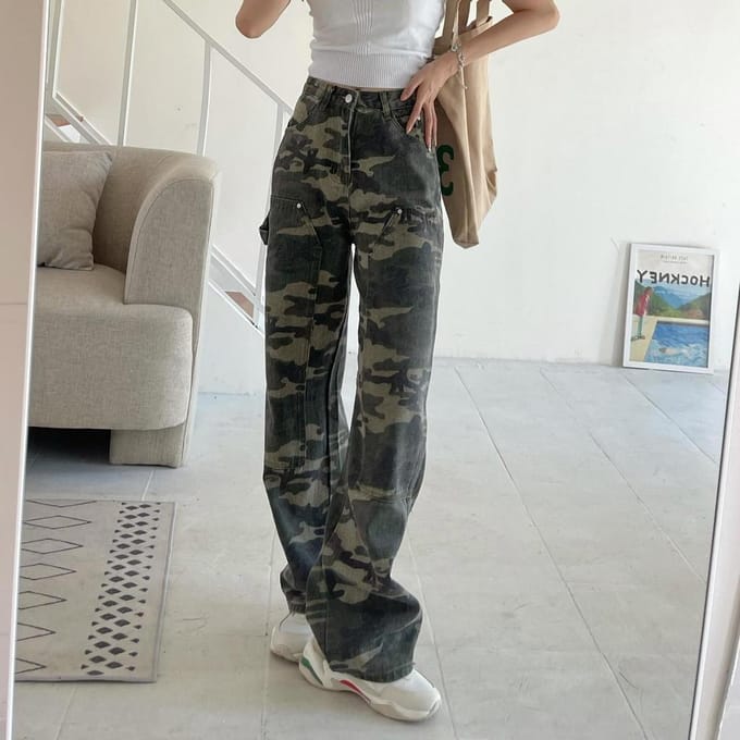 Damesmode camouflage jeans losse denim cargobroek met hoge taille XL black