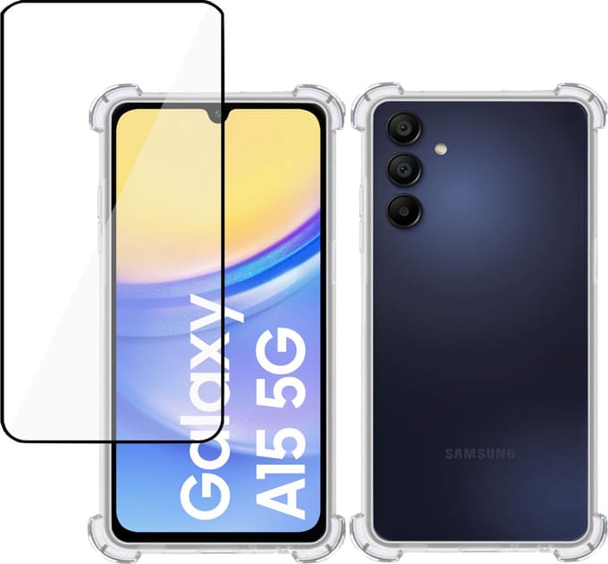 Hoesje + Screenprotector geschikt voor Samsung Galaxy A15 – Full Screen Tempered Glass - Extreme Shock Case Transparant
