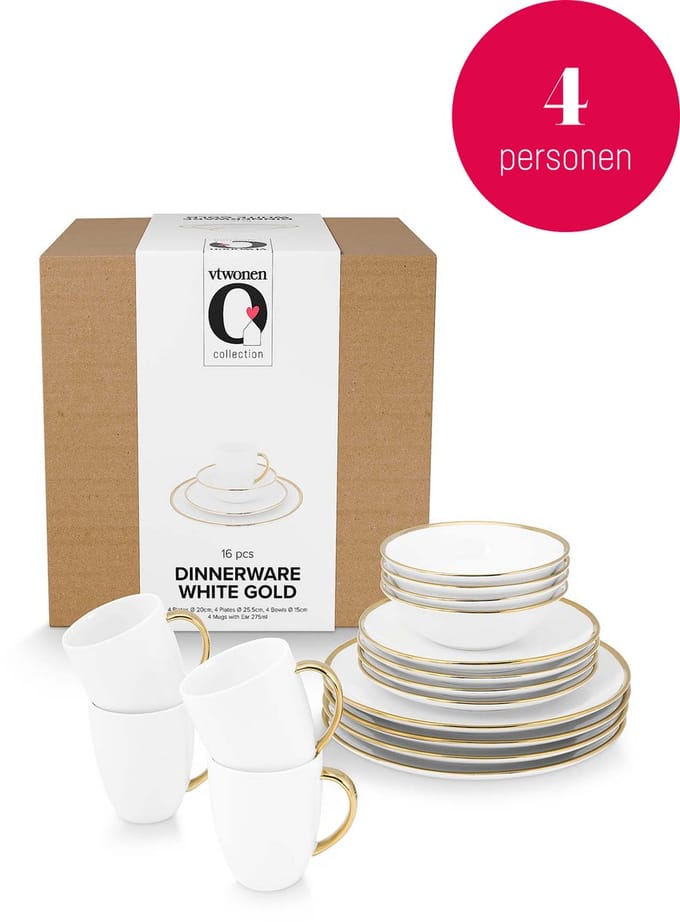 vtwonen - Basic - voor 4 Personen - Serviesset - Wit - Porselein - Servies
