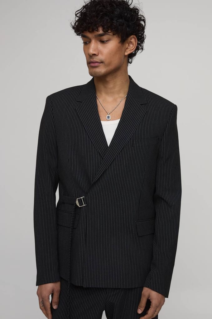 Krijtstreep Ontspannen Pasvorm Gesp Detail Wikkel Blazer | Black | Size 38