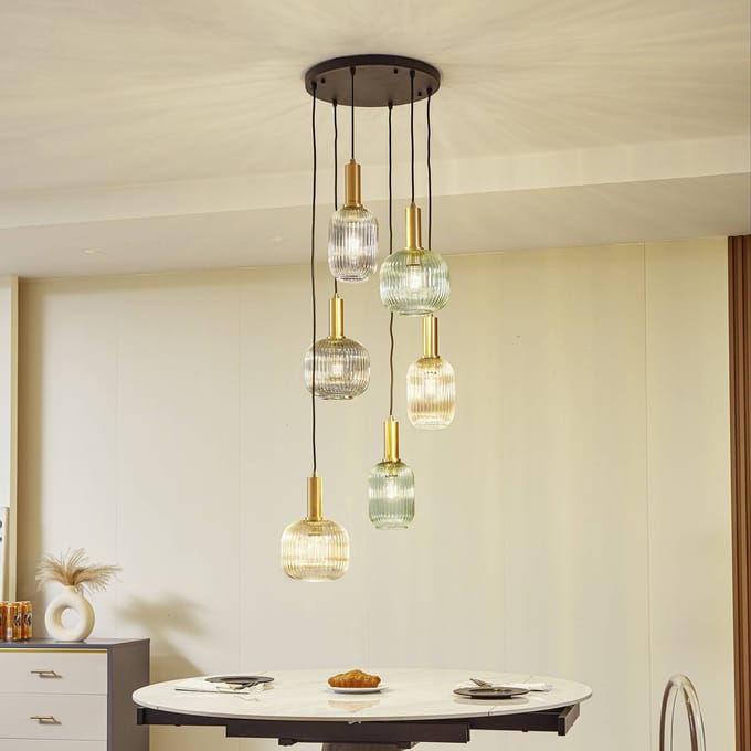 Lindby - hanglamp - 6lichts - Glas, ijzer - E27 - rokerig grijs