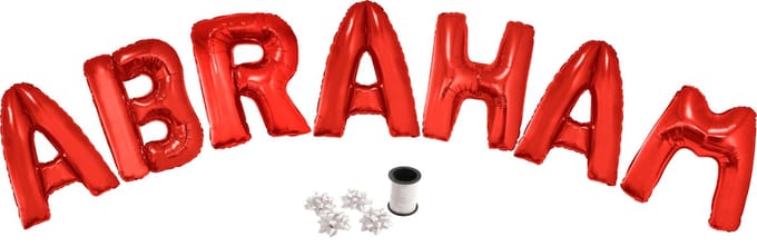 Folie ballonset rood met letters ABRAHAM 102 cm + geschenklint 10m met 4 witte strikken