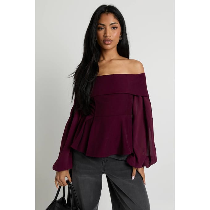 boohoo Dames Chiffon crêpe Bardot-blouse | Plum | Maat: 6