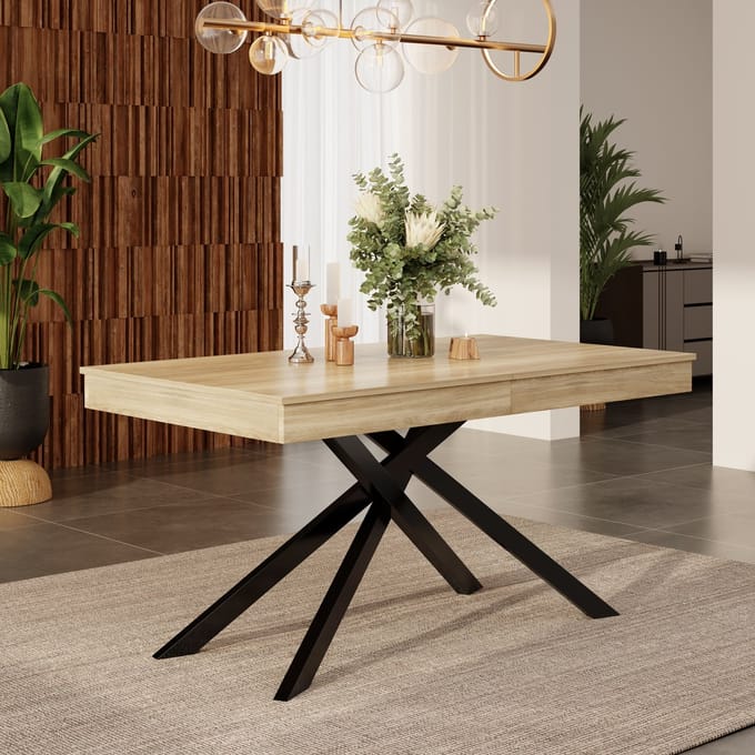 MODFU Uitschuifbare Eettafel - Kruispoten - Minimalistisch - Eetkamer - MDF - Eikenkleur - 140-180 Cm