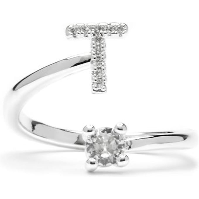 Bague - LUXENTER - Alphabet - Lettre T - Taille ajustable - Plaqué rhodium blanc