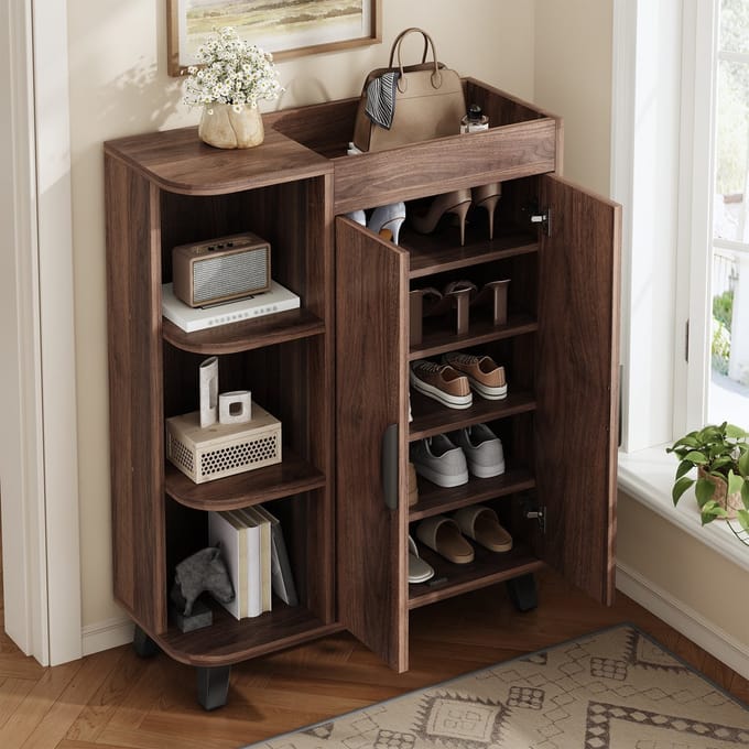 Sweiko Schoenenkast - 3 open vakken - Houtlook - Halmeubel - Walnoot