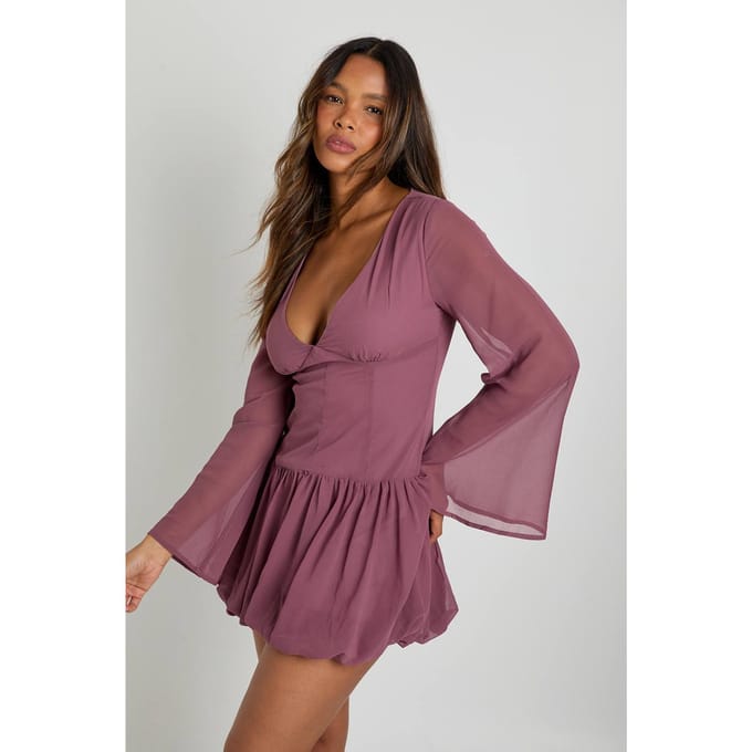 boohoo Dames Chiffon mini-jurk met lage taille en pofbal | Rose | Maat: 8