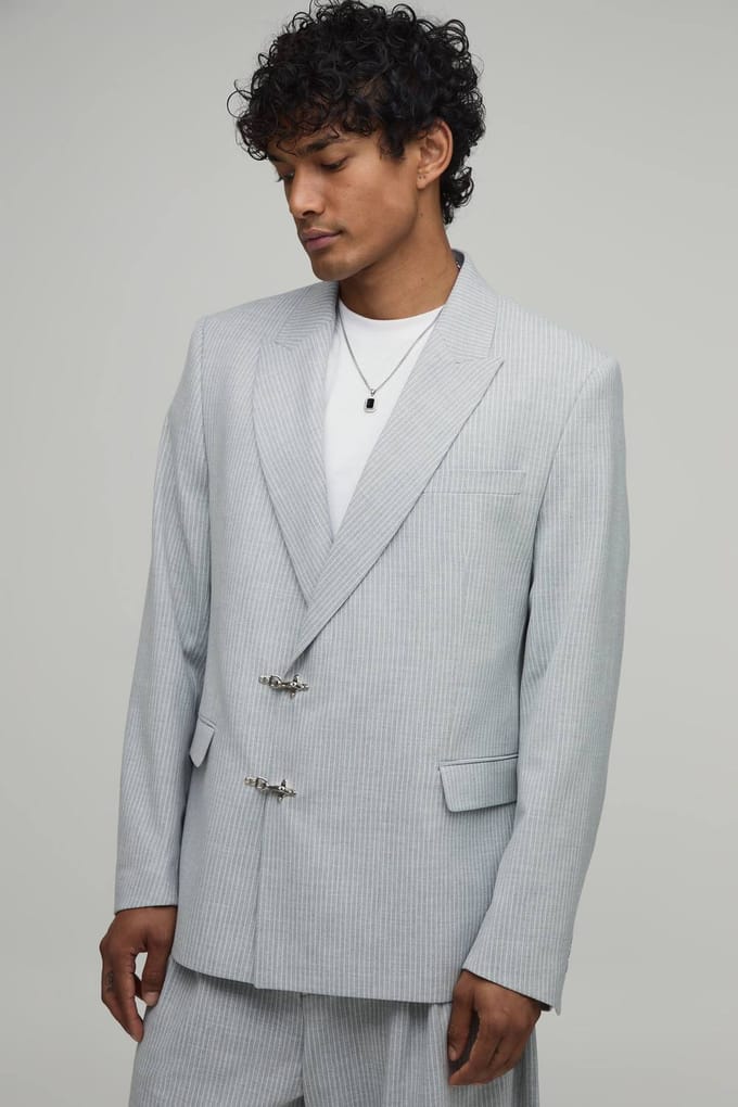 Krijtstreep Colbert Met Gesp Detail En Relaxed Fit | Grey | Size 34