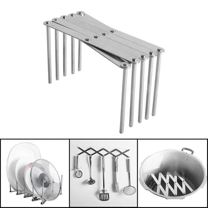 Kitchen Utensil Organizer Stainless Steel Pot Lid Plate Holder Rack 4 Sectional Adjustable Length Can Be Extended to 19 white