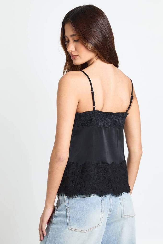 boohoo Dames Satijn-Kant Mix Cami met knoopsluiting | Black | Maat: 6