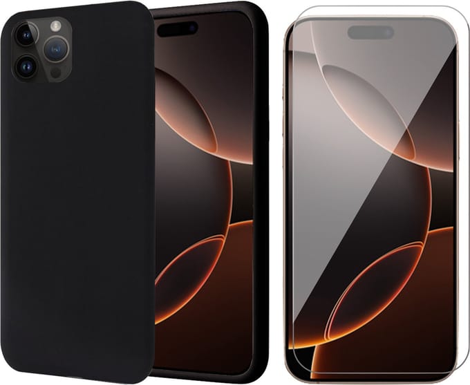 Hoesje geschikt voor iPhone 16 Pro Max - Screenprotector Glas - Matte Case Zwart met Fluweelzachte Binnenzijde
