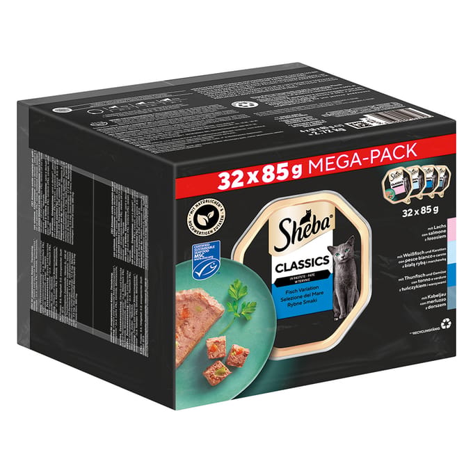 32 x 85 g of 120 x 85 g Sheba natvoer voor katten + 180 g Dreamies met Kip kattensnack gratis! - Classics in Paté Variaties in Kuipjes 32 x 85 g