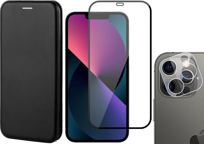 Hoesje geschikt voor iPhone 13 Pro - Portemonnee Book Case - Zwart - Met Full Screenprotector en Camera Screen Protector