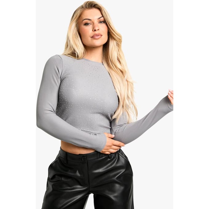 boohoo Dames Diamante Hotfix Top met lange mouwen | Houtskool | Maat: Small