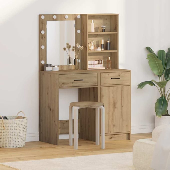 vidaXL - Dressing - tafel - set - met - LED - 2 - st - Artisan - Eiken - Bewerkt - hout
