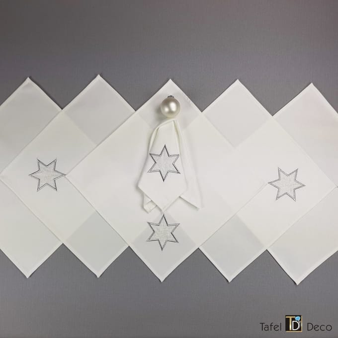 Kerst servetten, 36x36, set van 6, wit met zilveren ster, Kerst