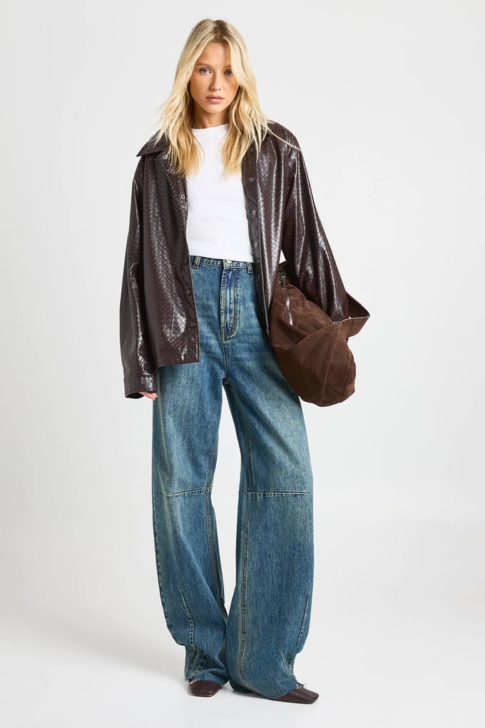 boohoo Dames Textured nepleer shacket | Chocolate | Maat: 8