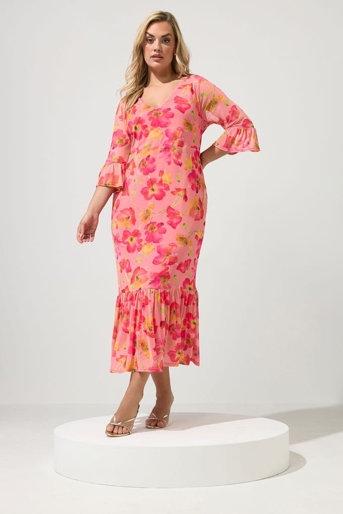 Yours London Roze Bloemen Mesh Gelaagde Jurk Size 48
