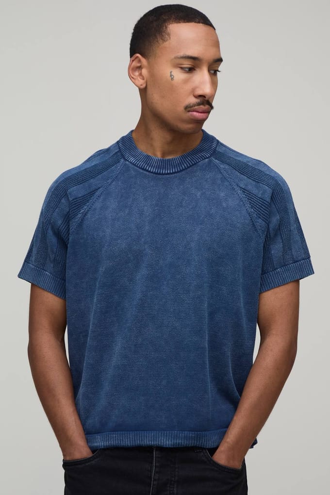 Boxy Fit Acid Wash Geribbeld Gebreid T-shirt | Blue | Size Medium
