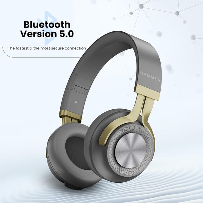 Hammer Bash 2.0 Draadloze Bluetooth Koptelefoon Over-Ear met Microfoon, Diepe Bas, Opvouwbare Koptelefoon, Tot 8 Uur Speeltijd, Bluetooth 5.0 (Grijs) grijs