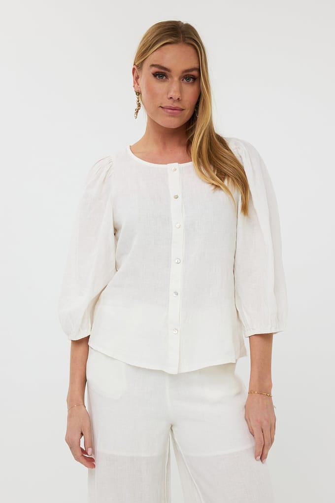 EsQualo Blouse R-neck Linen Off White Maat: M | Blouses Outlet | Dames | Wit