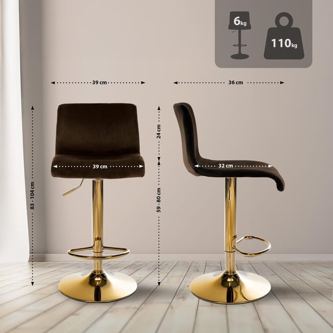 CLP Barkruk Hover - met rugleuning - verstelbaar - draaibar - metalen frame - fluweel - goud/bruin