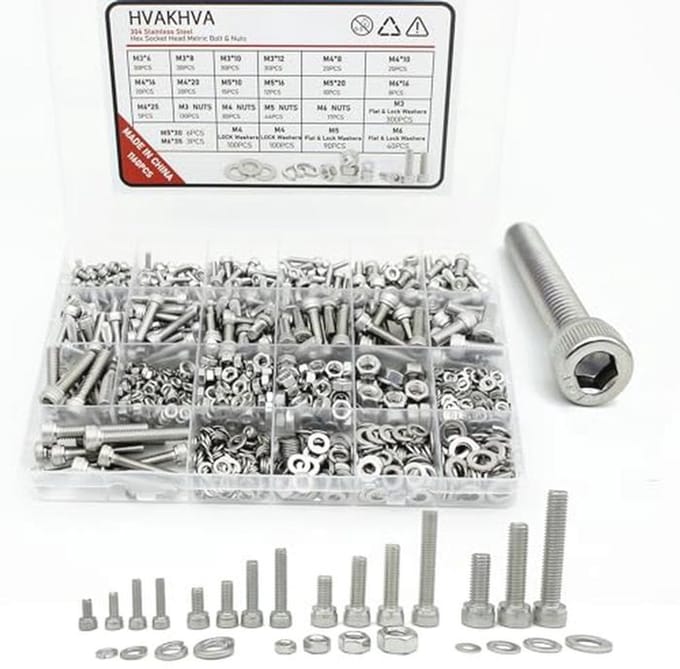 Schroevenset Assortiment M3/M4/M5/M6 - 1160 Zeskantschroeven, Cilinderschroeven, Moeren en Sluitringen - Roestvrijstaal