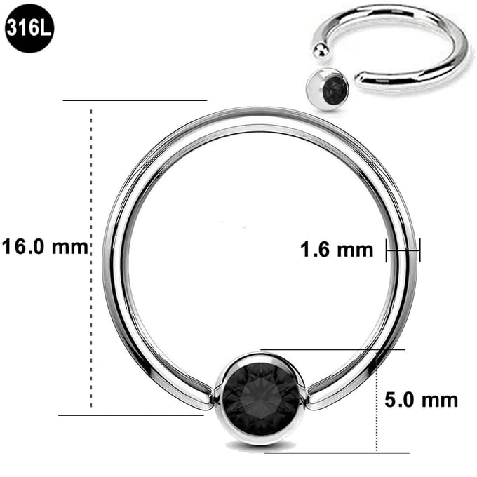 Ball Closure Piercing Ring – 1.6 mm Dikte – 16.0 mm Diameter – Chirurgisch Staal - Zwarte steen