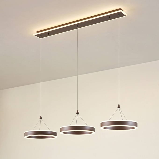 Lucande LED hanglamp Kolo, 114 cm, 3-lamps, bruin, dimbaar