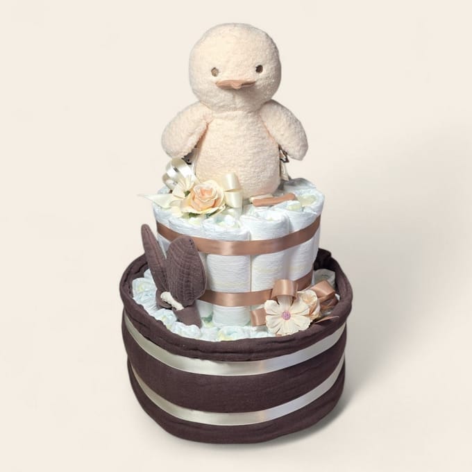 Luiertaart 2 lagen met Jollein Spring Garden Duck en wiegdeken chestnut