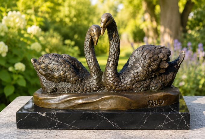 ZWANEN / BRONZEN BEELD OP MARMEREN VOET / BRONS / ZWAAN / VOGEL
